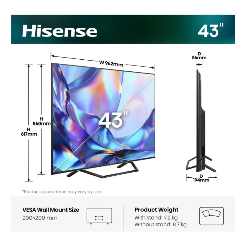 108,0cm/43" (3840x2160) Hisense 43A7DS Smart TV 4K Hi-QLED 8ms 60Hz HDMI USB LAN HDR VESA WiFi Bluetooth Black