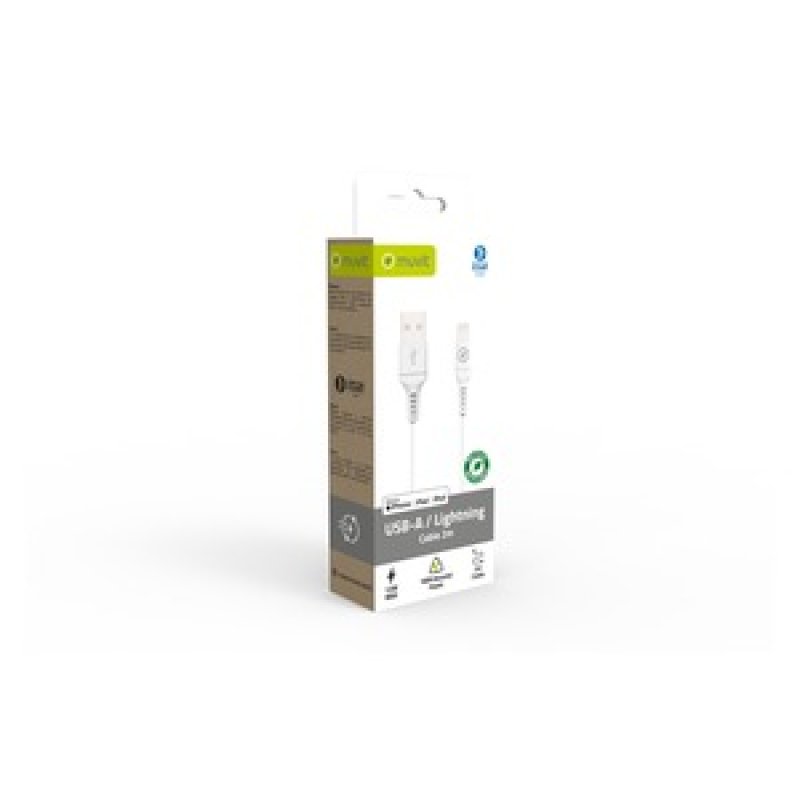CABLE USB-A LIGHTNING 2M PLASTIQUE RECYCLE BLANC