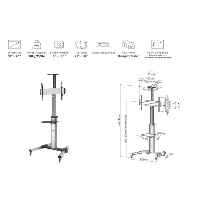 EQUIP 650602 TV Wagen Min. 94 cm (37") Max. 177,8 cm (70") Max. VESA 600 x 400 mm 50 kg Schwarz, Weiß