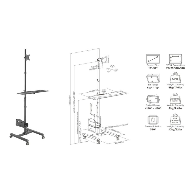 EQUIP 650171 Multimedia-Wagen Min. 43,2 cm (17") Max. 81,3 cm (32") Max. VESA 100 x 100 8 kg Schwarz