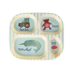 Rice - Melamine Kids 4 Room Plate - Blue ABC Print - Blue