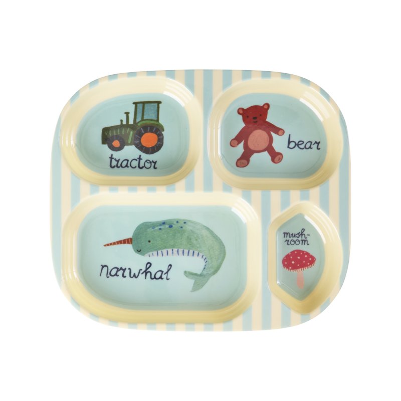 Rice - Melamine Kids 4 Room Plate - Blue ABC Print - Blue