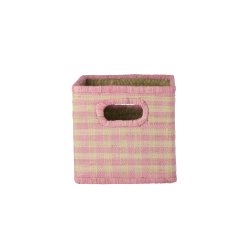 Rice - Raffia Square Basket with Handle Opening - Pink Checks - Small