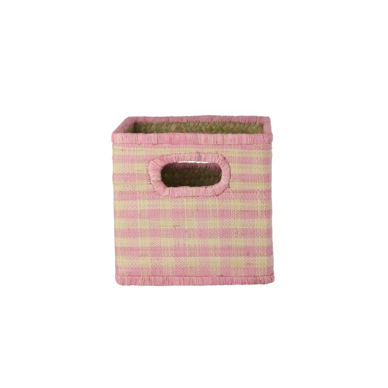 Rice - Raffia Square Basket with Handle Opening - Pink Checks - Small