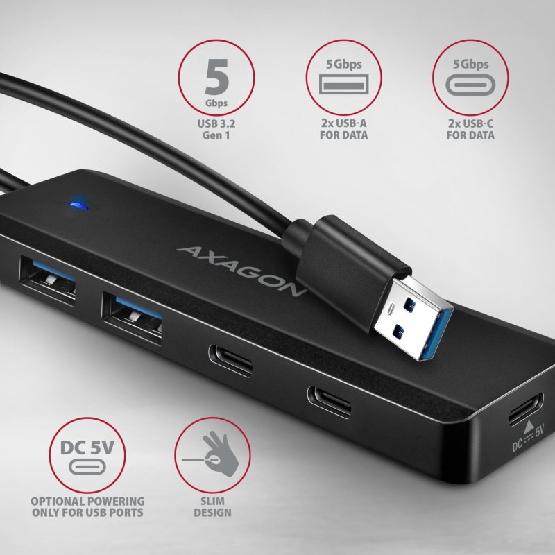 Axagon HUE-C2A 4× USB 5Gbps Hub, 2× USB-A & 2× USB-C, USB-C Power IN, 19cm USB-A Cable