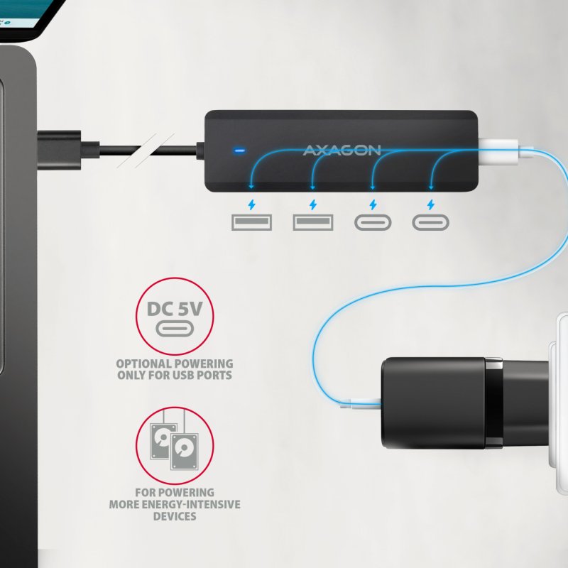 Axagon HUE-C2A 4× USB 5Gbps Hub, 2× USB-A & 2× USB-C, USB-C Power IN, 19cm USB-A Cable