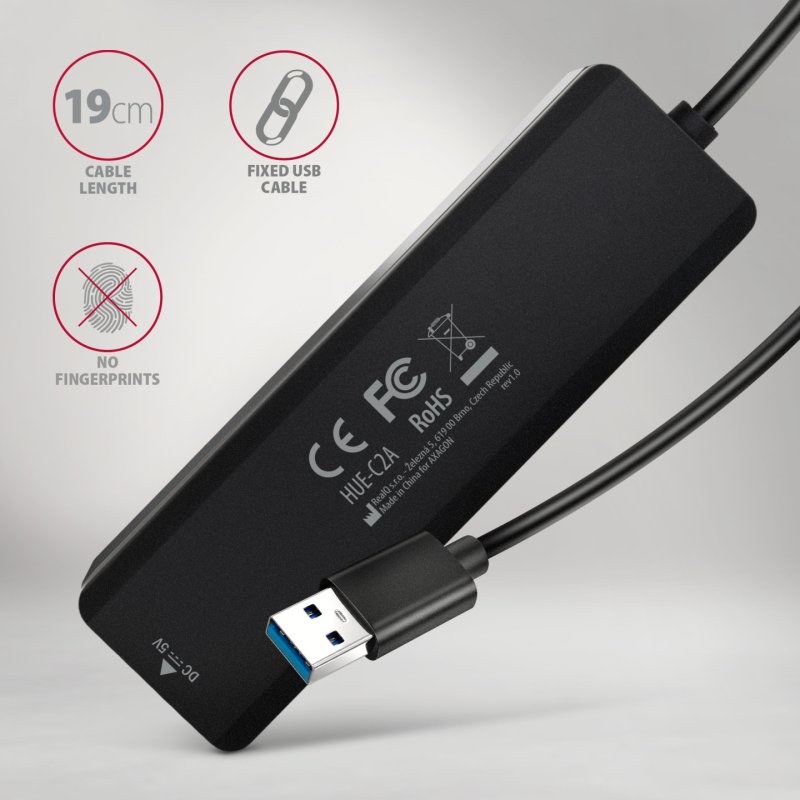 Axagon HUE-C2A hub & concentrateur USB 3.2 Gen 1 (3.1 Gen 1) Type-A 5000 Mbit/s Noir