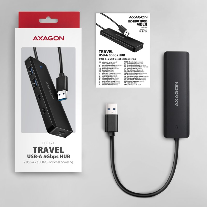 Axagon HUE-C2A hub & concentrateur USB 3.2 Gen 1 (3.1 Gen 1) Type-A 5000 Mbit/s Noir