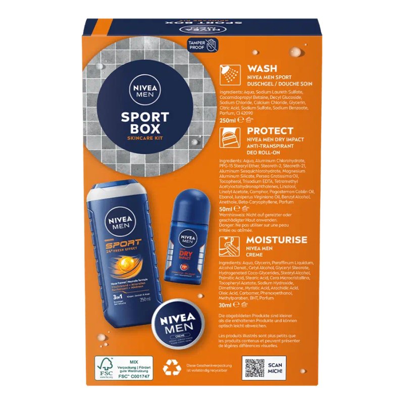 Nivea Men Gp 'Sport Box' Deodorant Dry Impact 150ml Shower Gel 250ml Cream 30ml