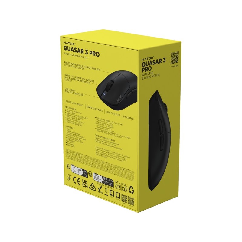 HATOR Quasar 3 Pro Wireless souris Gaming Droitier RF Wireless Bluetooth USB Type-C Optique 30000 DPI