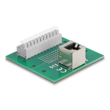 Delock RJ50 Buchse zu Terminalblock mit Drucktaster für Hutschiene gewinkelt