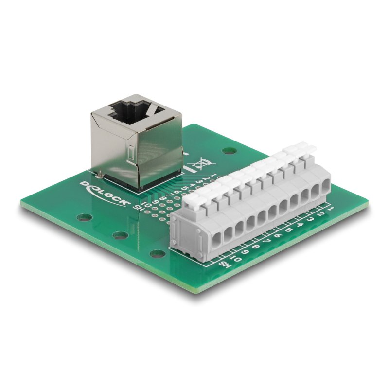 Delock RJ50 Buchse zu Terminalblock mit Drucktaster für Hutschiene gewinkelt