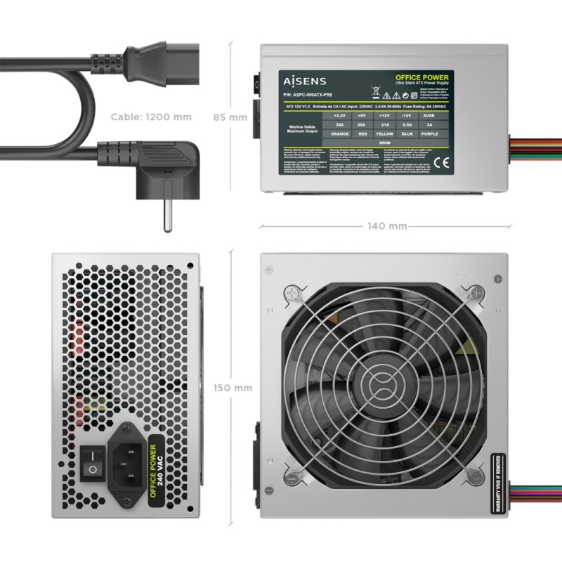 FUENTE ALIMENTACION AISENS ATX 500W CABLE ALIMENTACION OEM PLATA
