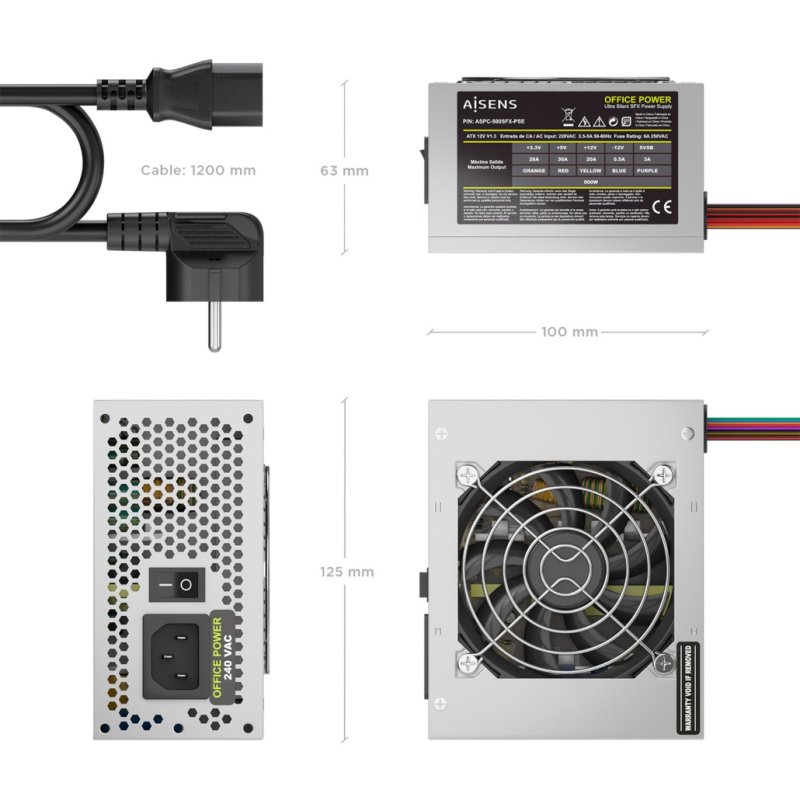 FUENTE ALIMENTACION AISENS SFX 500W CABLE ALIMENTACION OEM PLATA