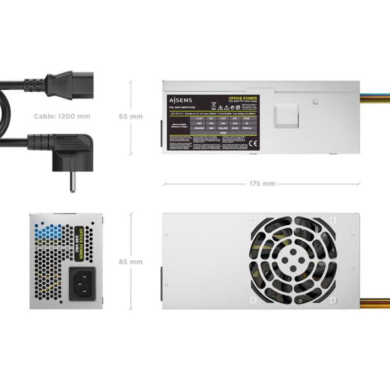 FUENTE ALIMENTACION AISENS TFX 500W CABLE ALIMENTACION OEM PLATA