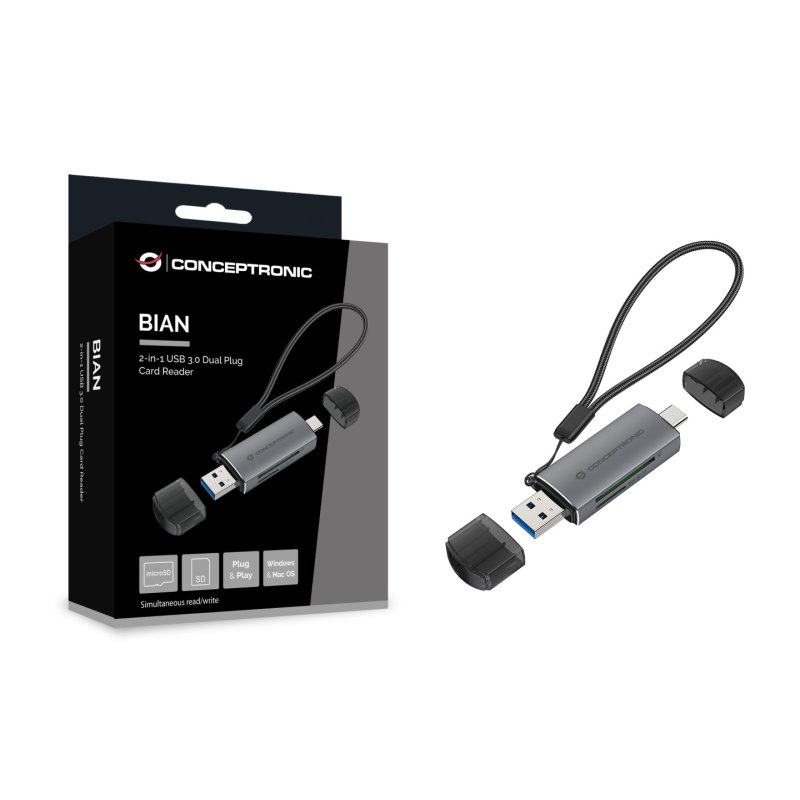 Conceptronic BIAN05G 2-in-1 USB 3.0 Dual Plug Card Reader, SD/MicroSD 3.0, UHS-I