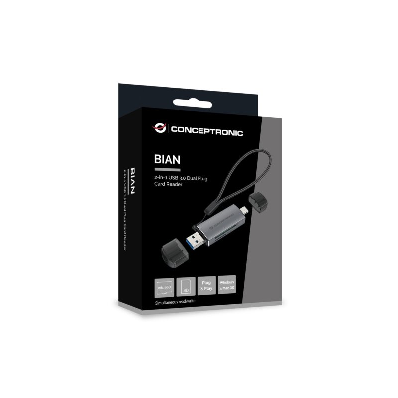 Conceptronic BIAN05G 2-in-1 USB 3.0 Dual Plug Card Reader, SD/MicroSD 3.0, UHS-I