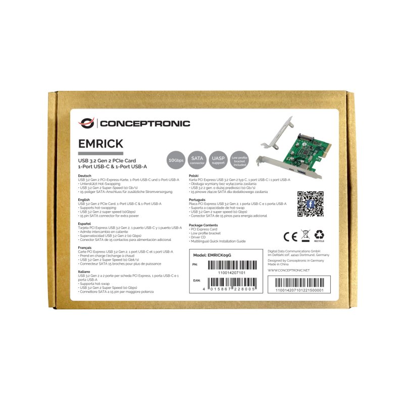 Conceptronic EMRICK USB 3.2 Gen 2 PCIe Card, 1-Port USB-C & 1-Port USB-A