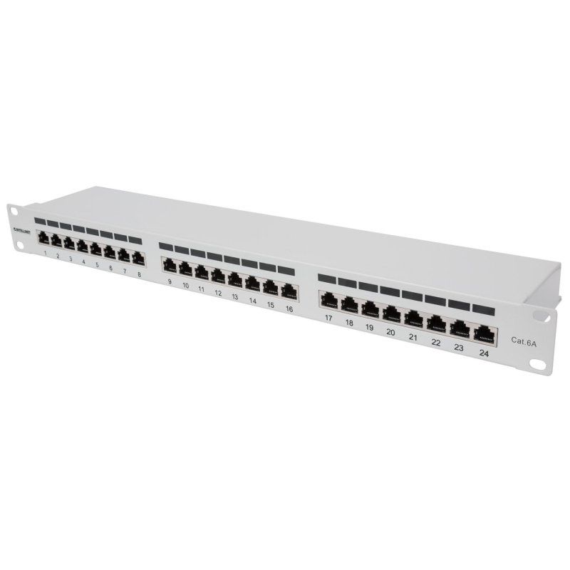 INTELLINET 24-Port Cat6a Patchpanel geschirmt 24 Ports FTP 1 HE Klemmleisten mit 90 Grad abgewinkelten