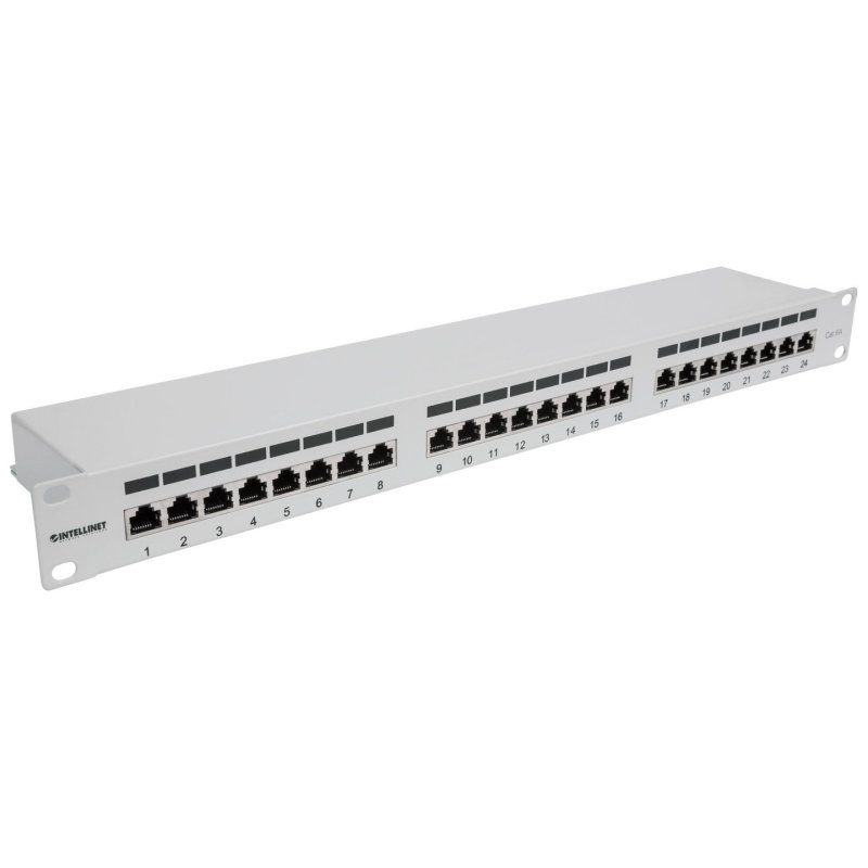 INTELLINET 24-Port Cat6a Patchpanel geschirmt 24 Ports FTP 1 HE Klemmleisten mit 90 Grad abgewinkelten