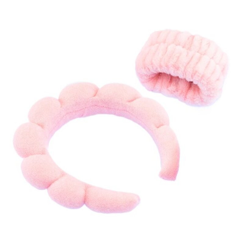 Beauty Routine Spa Skincare Accessories Set - Headband and Wrist Wraps in Pink