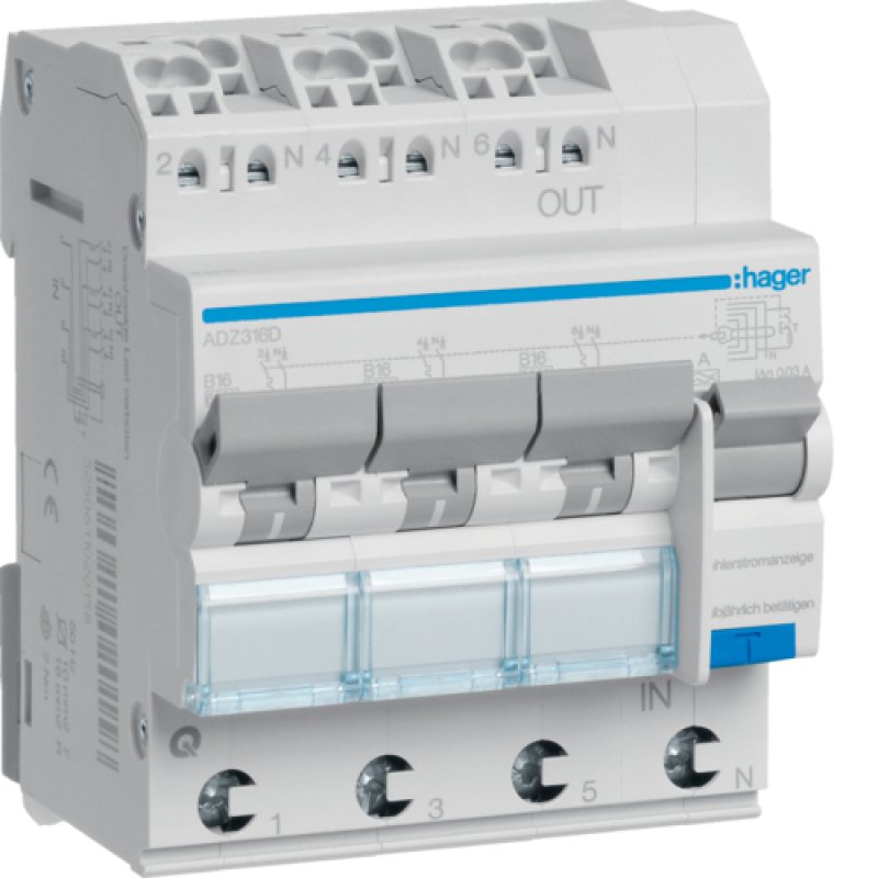 Hager ADZ316D Fehlerstrom-Schutzschalter 3phasig 3polig 16 A 0.03 A 230 V (ADZ316D)