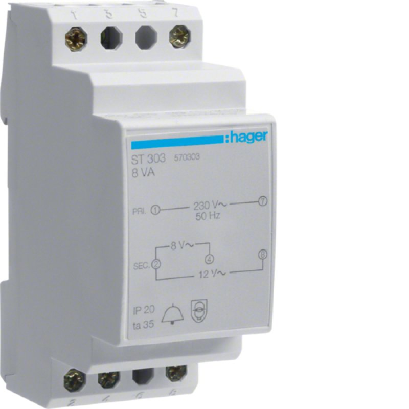 Hager Klingeltrafo 230V/8V u.12V ST303 8VA 2PLE