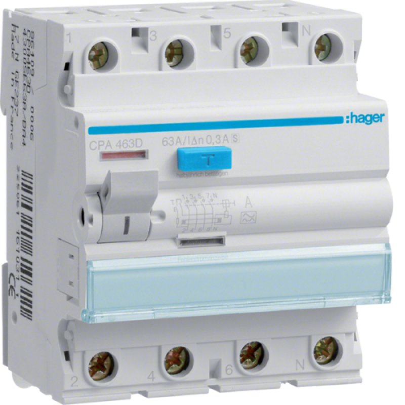 Hager CPA463D circuit breaker Residual-current device Type S 4 module(s)