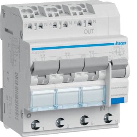 Hager Fi-LS 3X 1P N 6kA C-16A ADZ366D 30mA Typ A QuickConnect