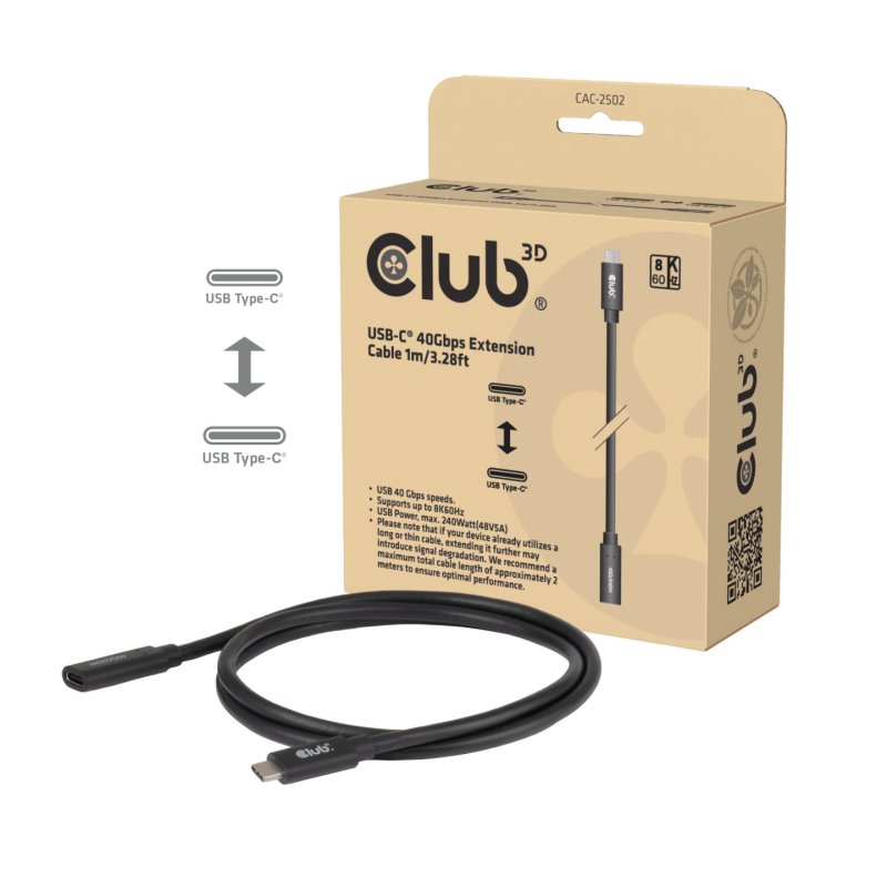 Club3D Kabel USB 4 Typ C 1m Verlängerung 40Gbps St/Bu