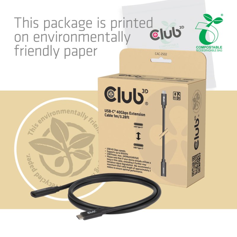 Club3D Kabel USB 4 Typ C 1m Verlängerung 40Gbps St/Bu