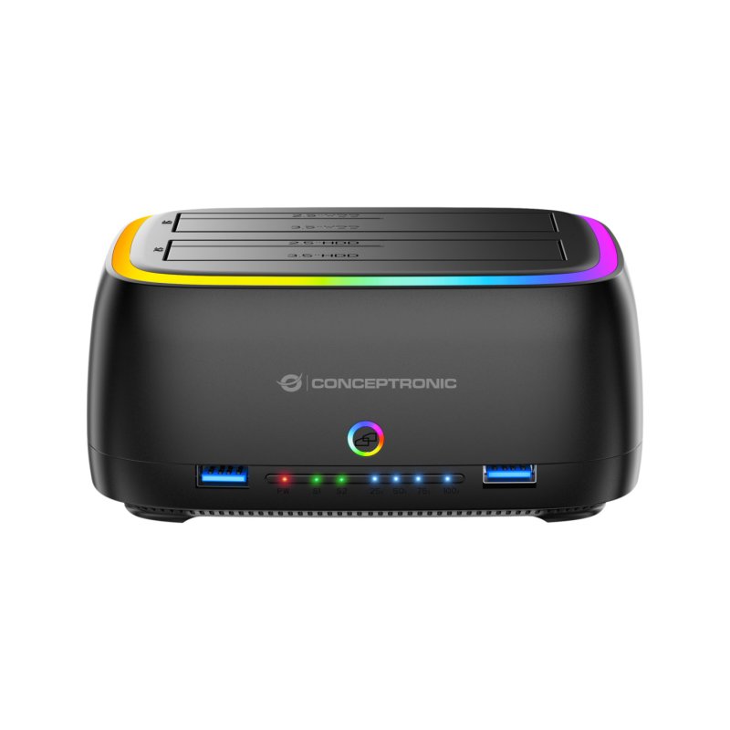 Conceptronic DONN36B Dual-bay RGB Hard Drive Docking Station, for 2.5/3.5-Inch HDD SSD, 2 x USB A, SD/TF Card Reader,