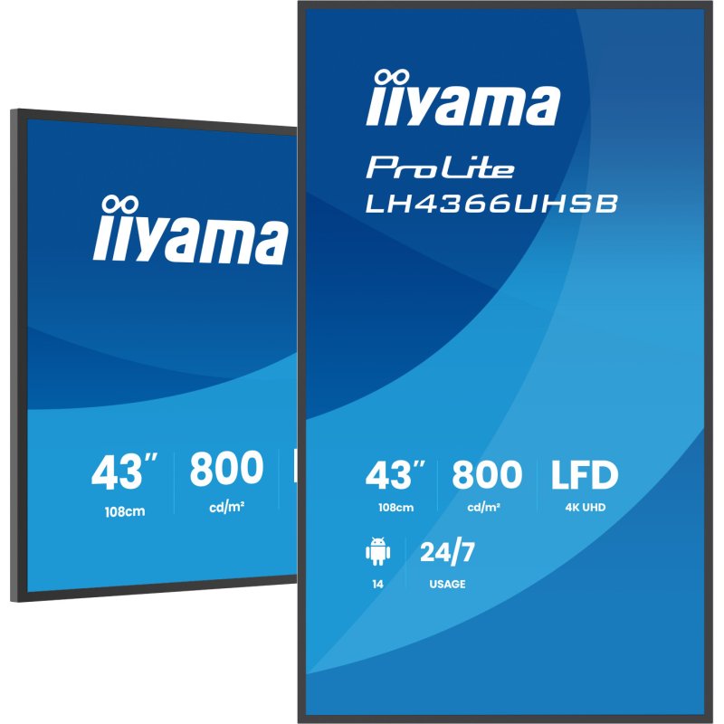 iiyama LH4366UHSB-B1AG Signage Display Digital signage flat panel 109.2 cm (43") LCD Wi-Fi 800 cd/m² 4K Ultra HD Black