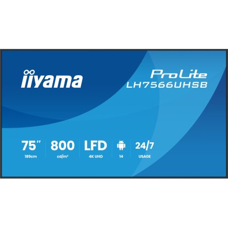 iiyama LH7566UHSB-B1AG Signage Display Digital signage flat panel 190.5 cm (75") LCD Wi-Fi 800 cd/m² 4K Ultra HD Black