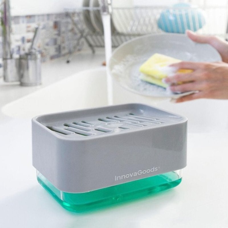 InnovaGoods 2 in 1 Soap Dispenser for Sink PUSHOAP Grey and Green
