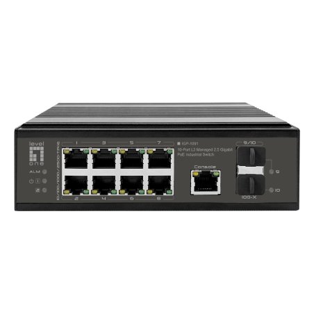 LevelOne IGP-1091 10-Port L3 Managed 2.5 Gigabit PoE Industrial Switch, 2 x 1G/10G SFP Uplinks, 8-Port PoE Outputs,
