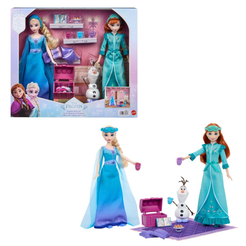 Mattel Disney Frozen Slumber Sister Set with Anna & Elsa Fashion Dolls, Olaf & 14 Accessories
