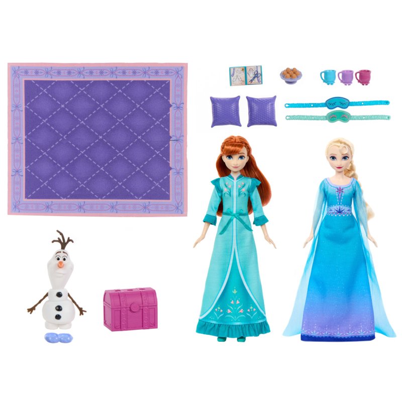 Mattel Disney Frozen Slumber Sister Set with Anna & Elsa Fashion Dolls, Olaf & 14 Accessories