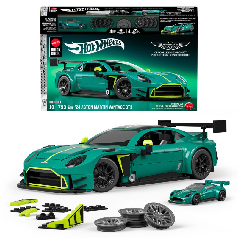 Mattel Brick Shop Hot Wheels ’24 Aston Martin Vantage GT3 Building Toy Kit (793 Pieces), for Collectors