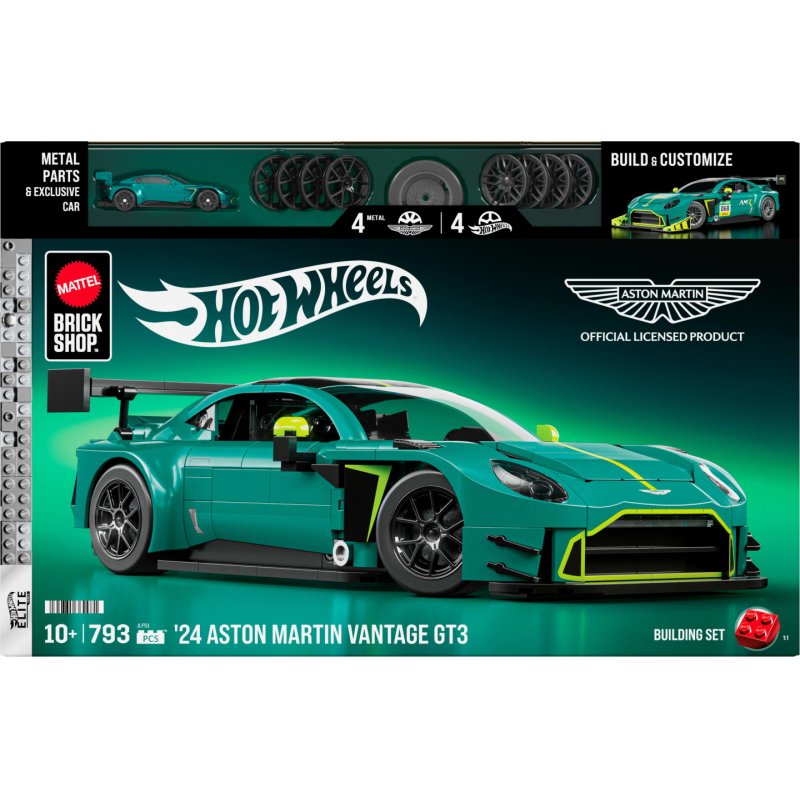 Mattel Brick Shop Hot Wheels ’24 Aston Martin Vantage GT3 Building Toy Kit (793 Pieces), for Collectors