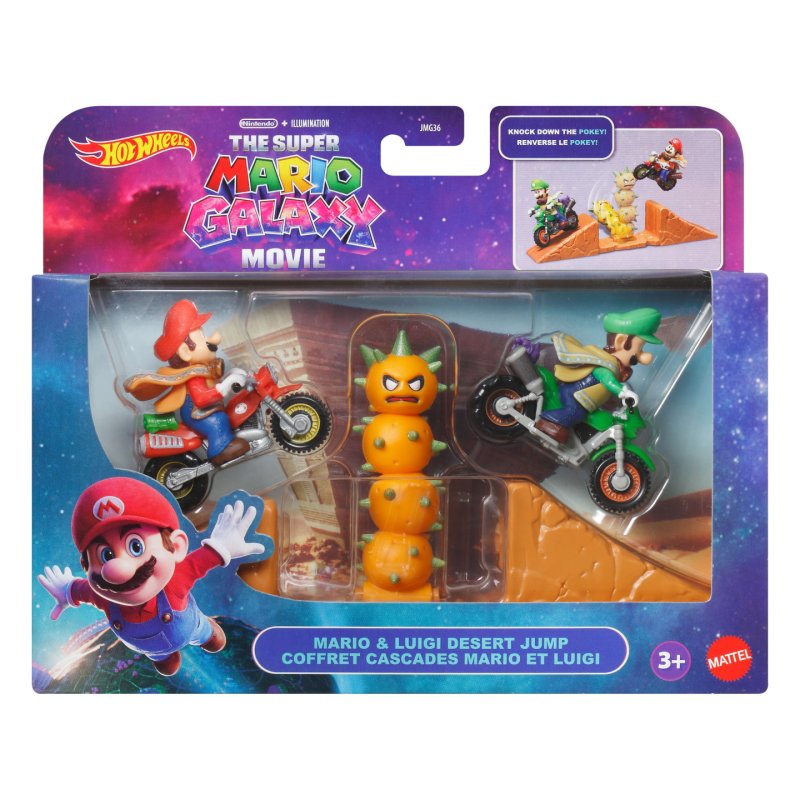 Hot Wheels Mario & Luigi Desert Jump inspired by The Super Mario Galaxy Movie with 2 Motos