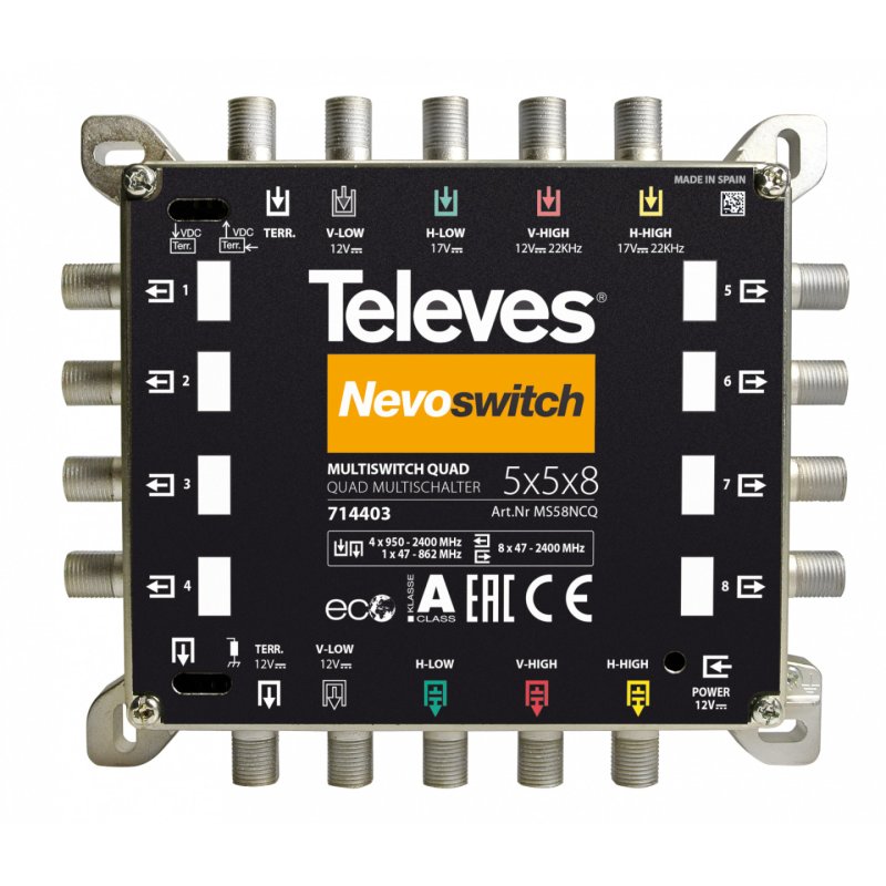 Televes MS 58NCQ Umschaltmatrix 5 Eingänge 8 Ausgänge NEVO mit Netzteil