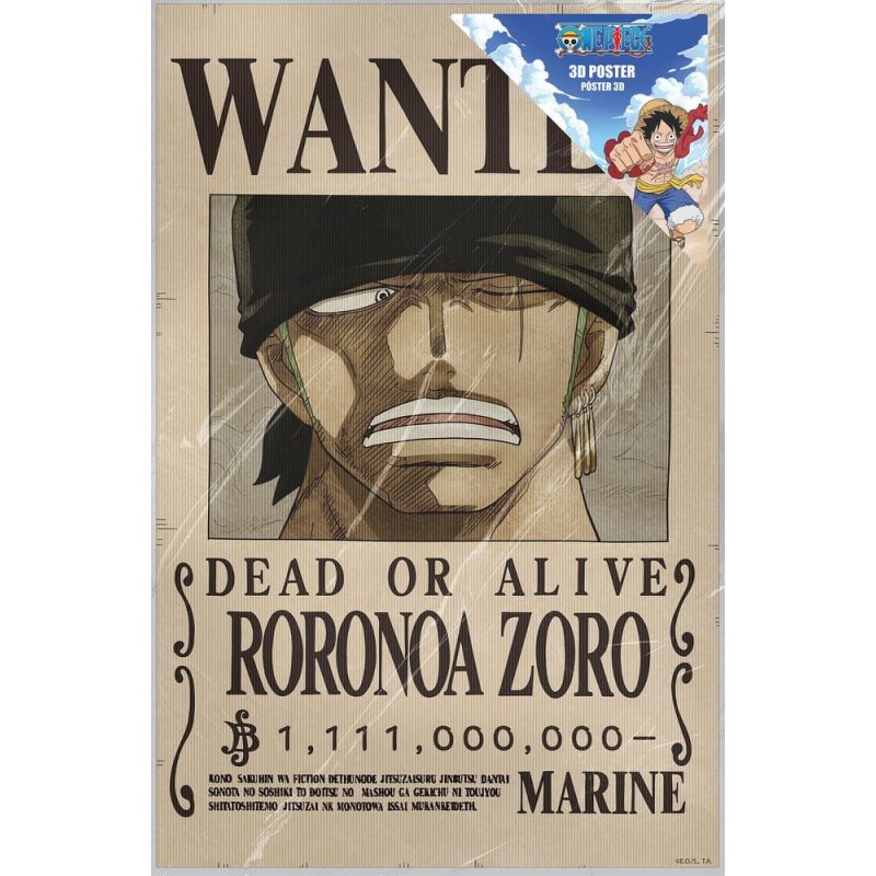 One Piece 3D Poster Wanted Roronoa Zoro 38 x 58 cm