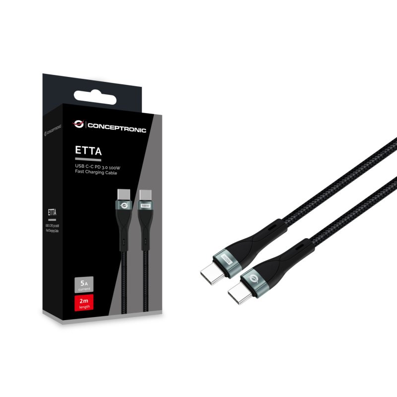 Conceptronic ETTA01B20 USB C-C PD 3.0 100W Fast Charging Cable 2M, 20V 5A, 480Mbps, E-Mark