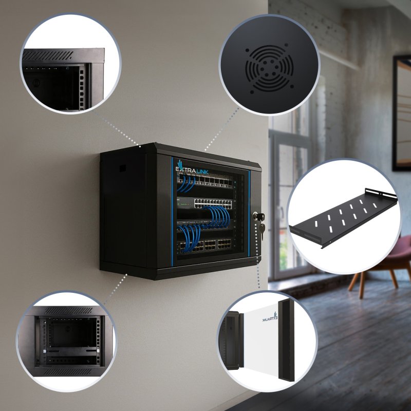 EXTRALINK LITE 6U 530X400 WALL-MOUNTED RACKMOUNT CABINET BLACK WITH SHELF