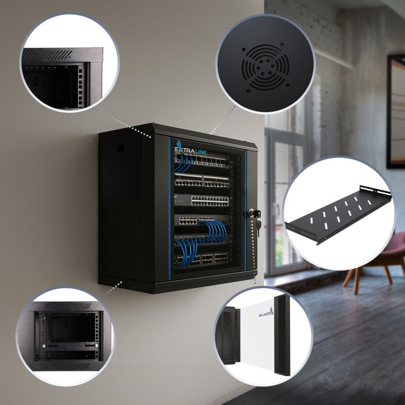 Extralink LITE 9U 530X400 WALL-MOUNTED RACKMOUNT CABINET BLACK Wall mounted rack