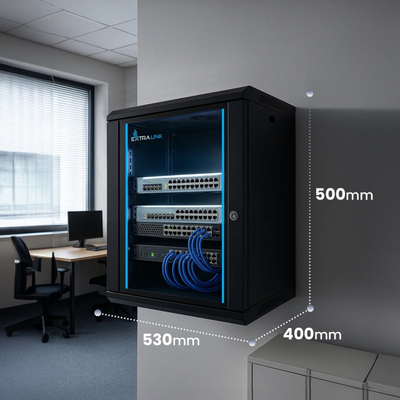 Extralink LITE 9U 530X400 WALL-MOUNTED RACKMOUNT CABINET BLACK Rack monté sur le mur