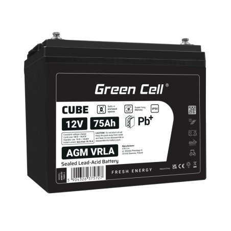 Green Cell CUBE AGM IP54 12V 75Ah VRLA Battery Gel deep cycle powerchair photovoltaic leisure battery campervan