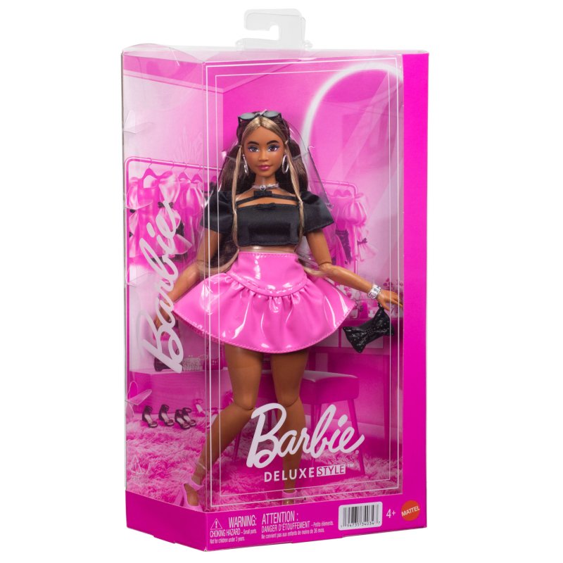 Barbie Deluxe Style Doll 16 in Glossy Pink Barbiecore Skirt with Black Top and Brown Hair