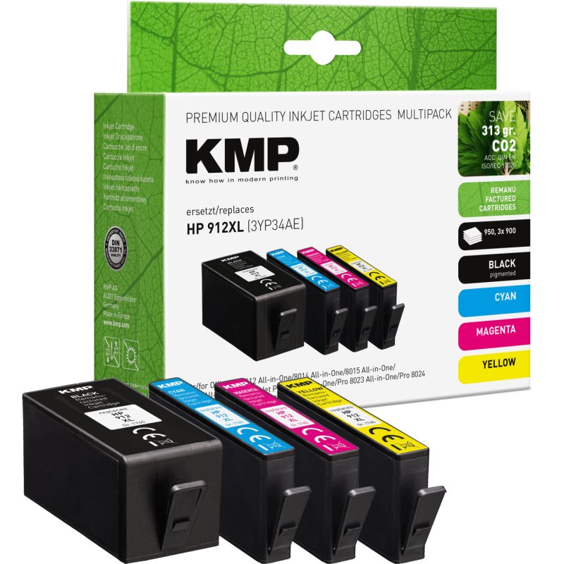 KMP 1765,4005 MultiPack black pigm. ink, cyan, magenta, yellow dye ink ersetzt HP912XL (3YP34AE)